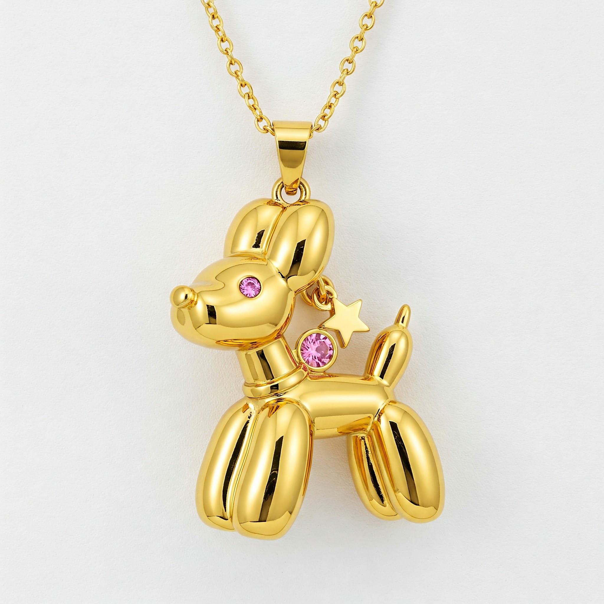 Stainless Steel Balloon Dog Pendant Necklace with Pink Gemstones